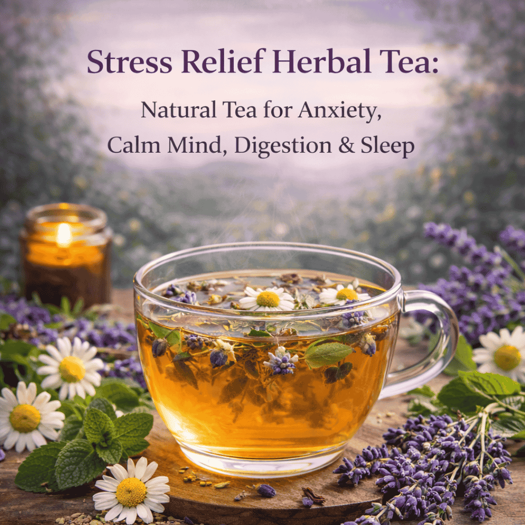stress relief herbal tea with calming herbs for anxiety sleep and digestion